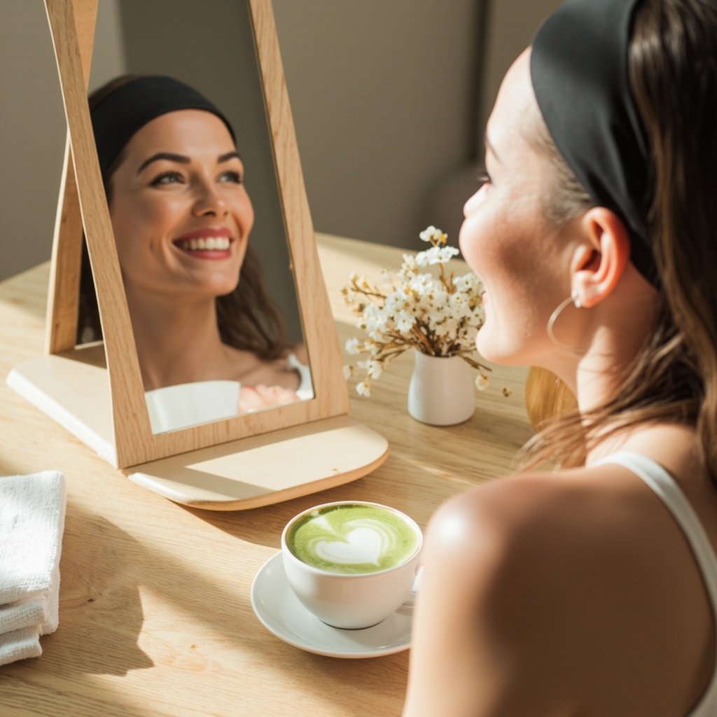Mujer mirándose en el espejo · cosmética consciente